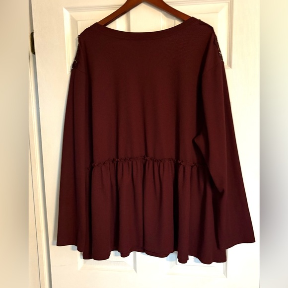 Torrid Waffle Knit V Neck Burgundy Long Sleeve Babydoll Lace Detail Top Size 3X - Picture 6 of 13